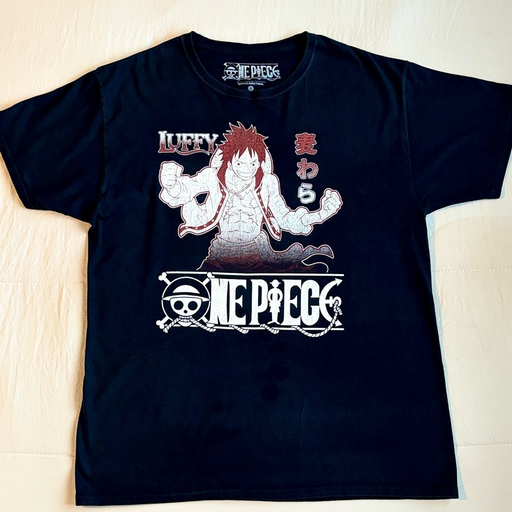One Piece Adult BLK Graphic T-Shirt - Distressed Luffy Maroon Image over Name.
